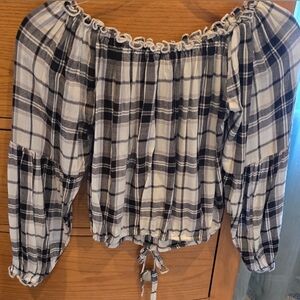 Hollister Off-Shoulder Plaid Drawstring Top in Black & White, Women's S